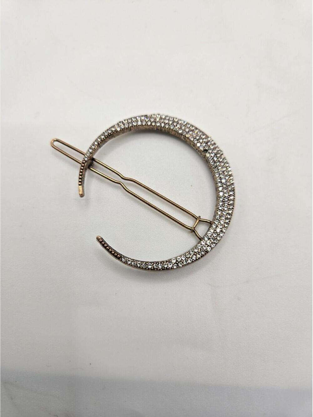 Vintage Style Gold Crystal Pave Crescent Moon Celestial Hair Clip Barrette Pin